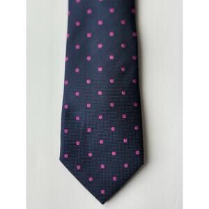 CHARLES TYRWHITT Men's 100% Silk Necktie Designer Navy Blue Pink Polka Dots‎ EUC